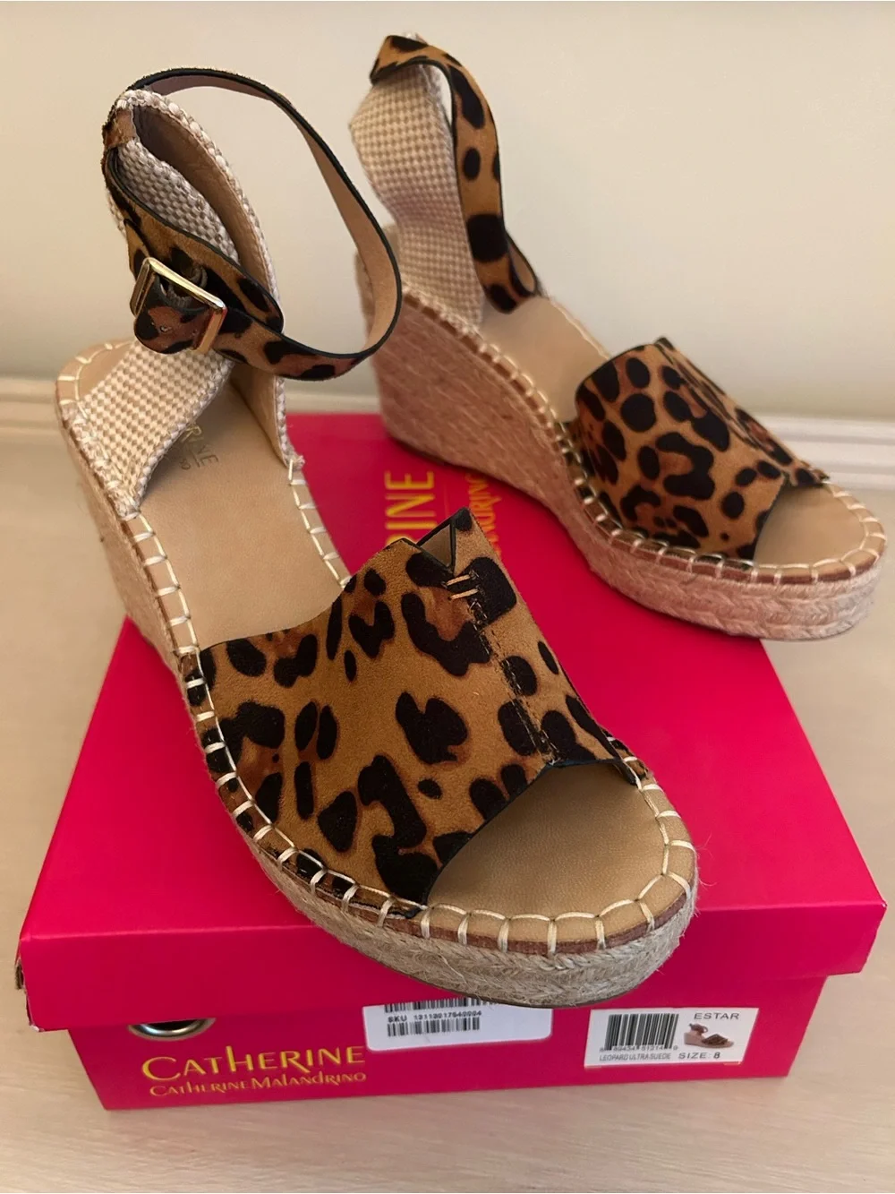 Catherines Malandrino Leopard Print Espadrille Wedge Sandals - Brown